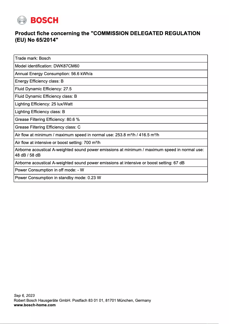 Page 1 of the manual Technical Sheet Bosch DWK87CM60