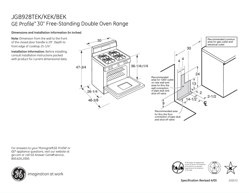 Page 1 of the manual Technical Sheet GE Profile JGB928BEKBB