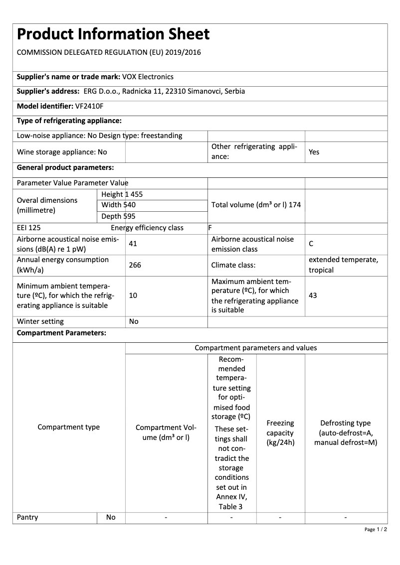 Página 1 del manual Ficha técnica VOX VF 2410 F