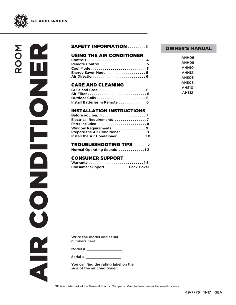 Página 1 del manual Manual de uso y mantenimiento GE AHS12AX