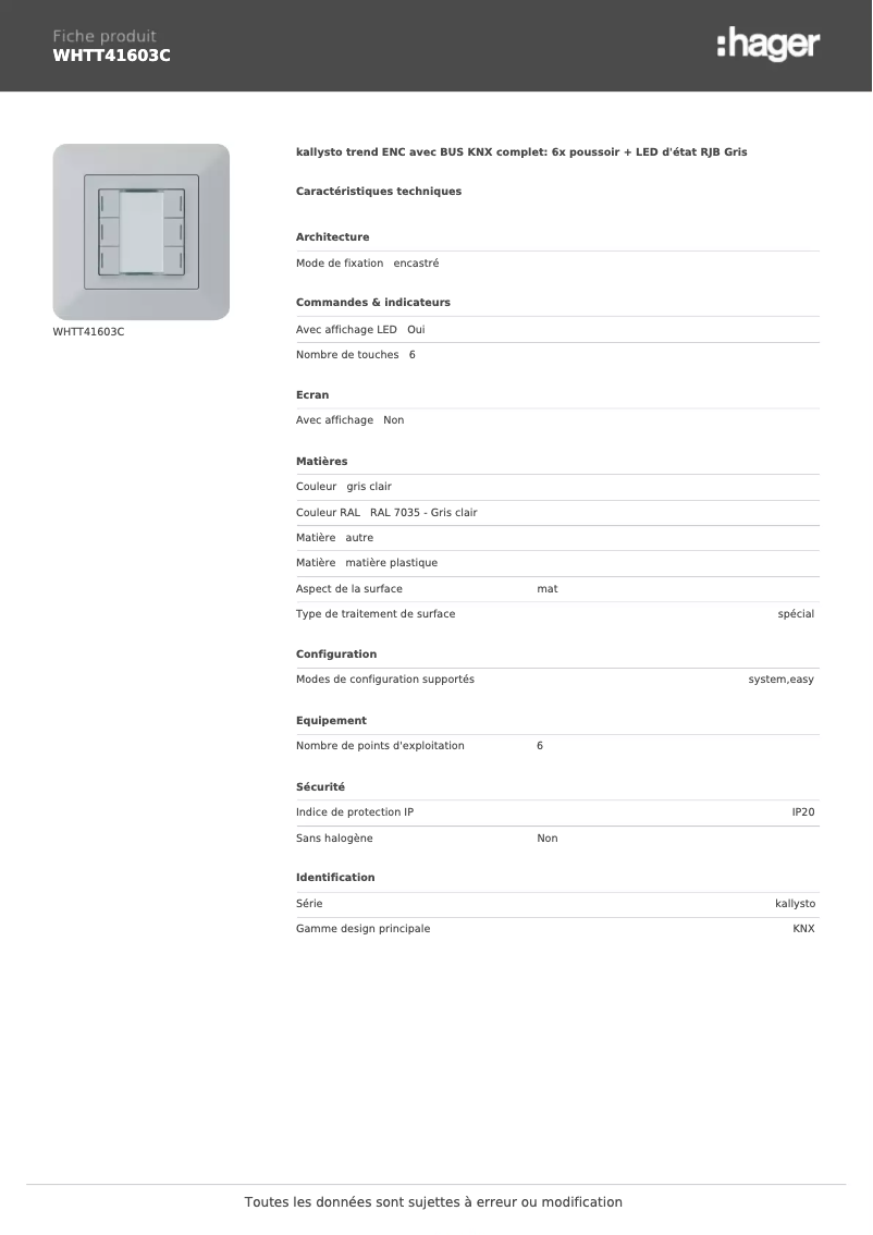 Page 1 de la notice Fiche technique Hager WHTT41603C