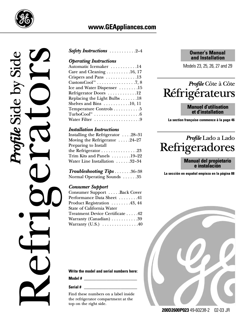 Page n°1 - Manuel utilisateur GE PSR26UHPBB