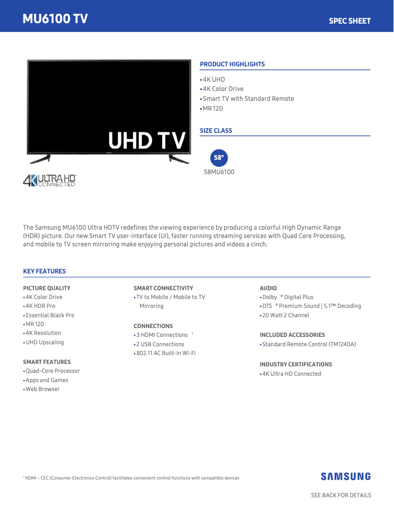 Page 1 de la notice Fiche technique Samsung UN58MU6100FXZA