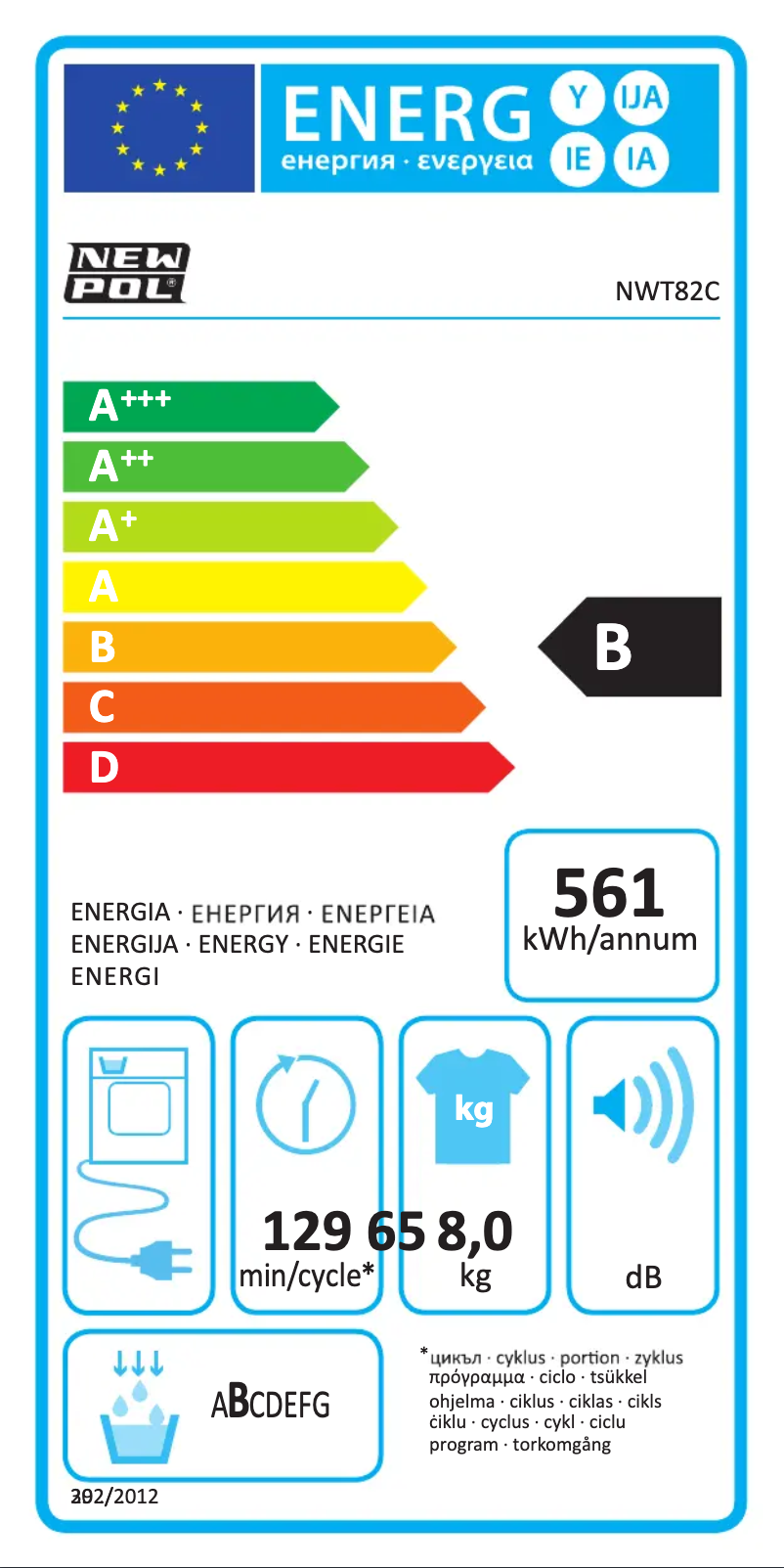 Page 1 de la notice Label énergétique New Pol NWT82C
