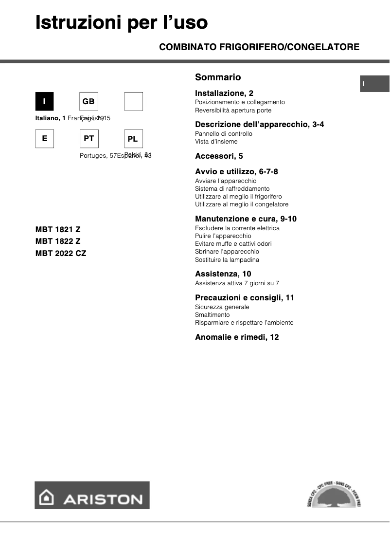 Página 1 del manual Manual de usuario Ariston Thermo MBT1821Z