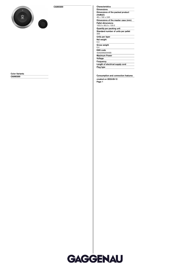 Page 1 de la notice Fiche technique Gaggenau CA060300