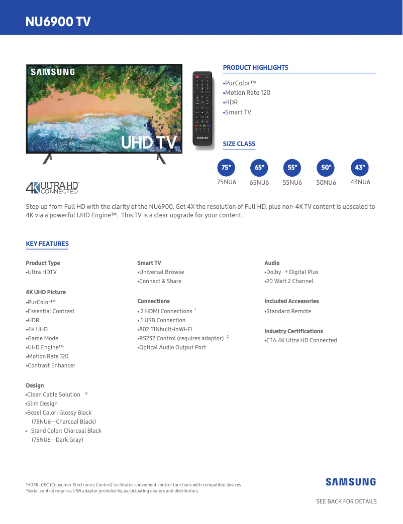 Página 1 del manual Ficha técnica Samsung UN75NU6900FXZA