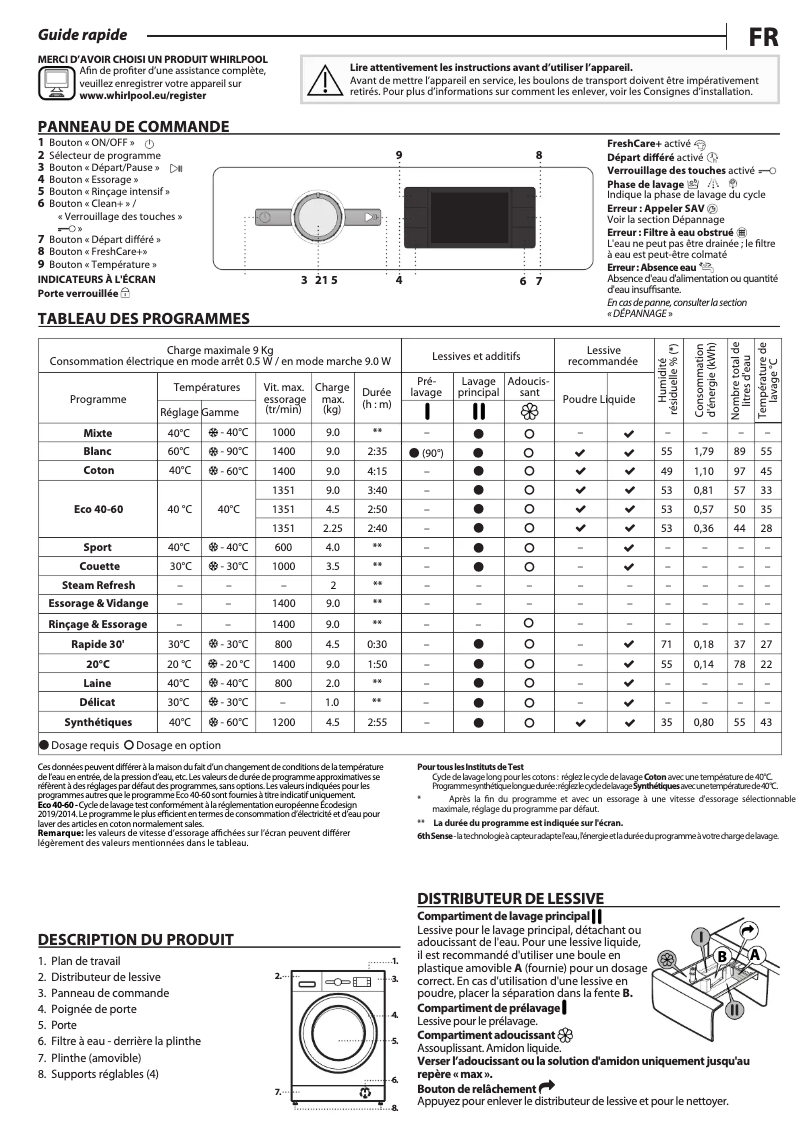 Page 1 de la notice Manuel utilisateur Whirlpool FFBB9458CVFR