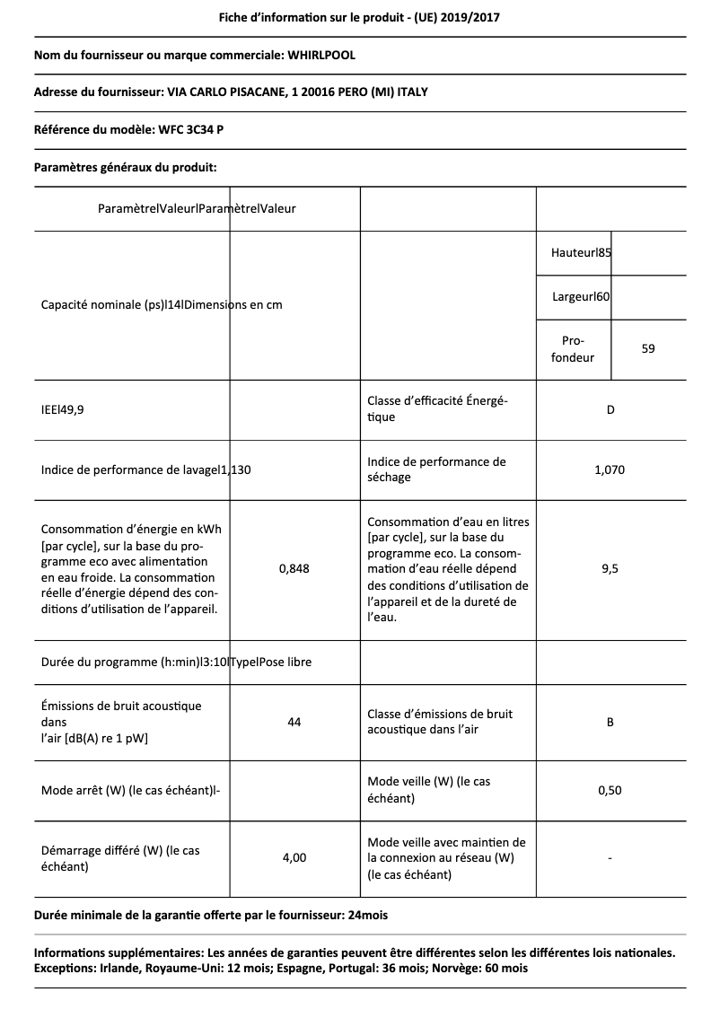 Page 1 of the manual Technical Sheet Whirlpool WFC 3C34 P