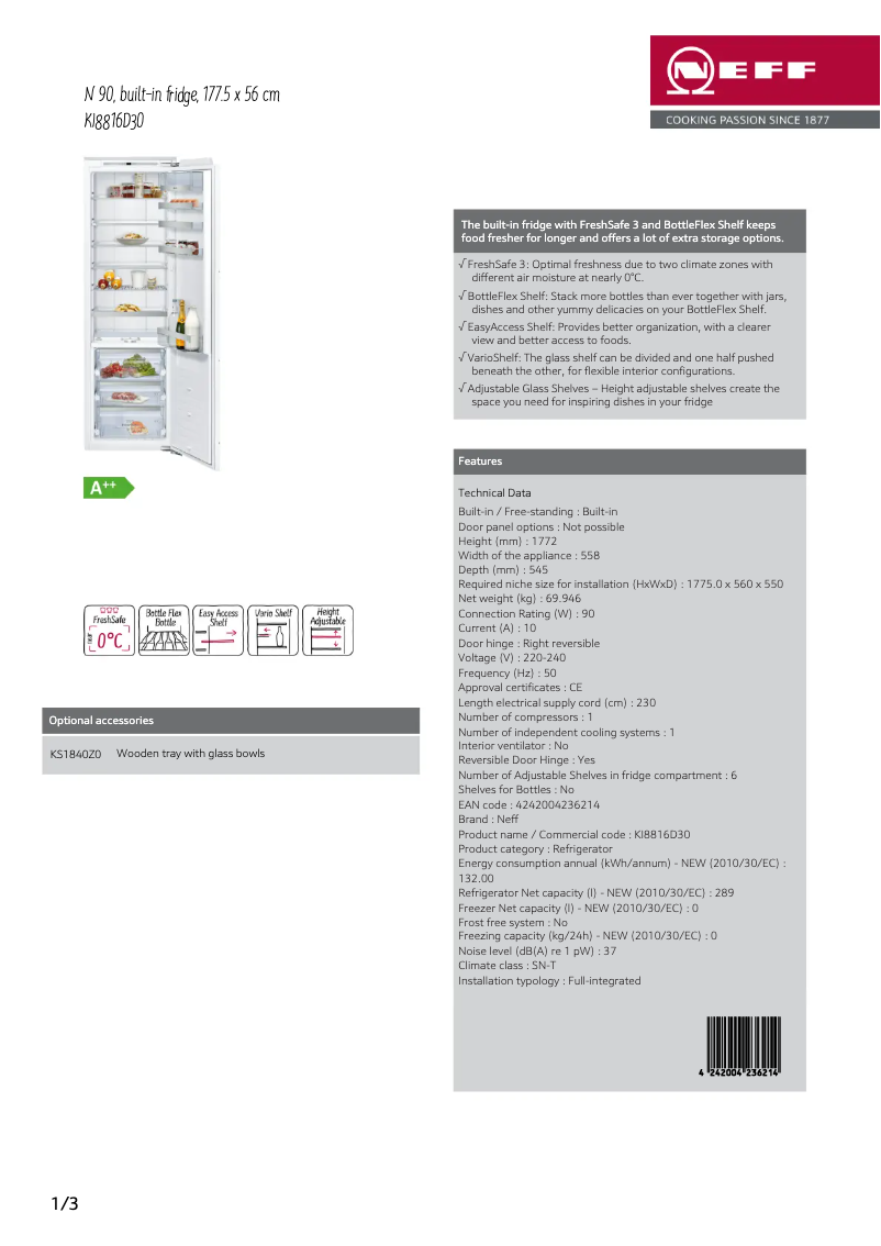 Page 1 de la notice Fiche technique Neff KI8816D30
