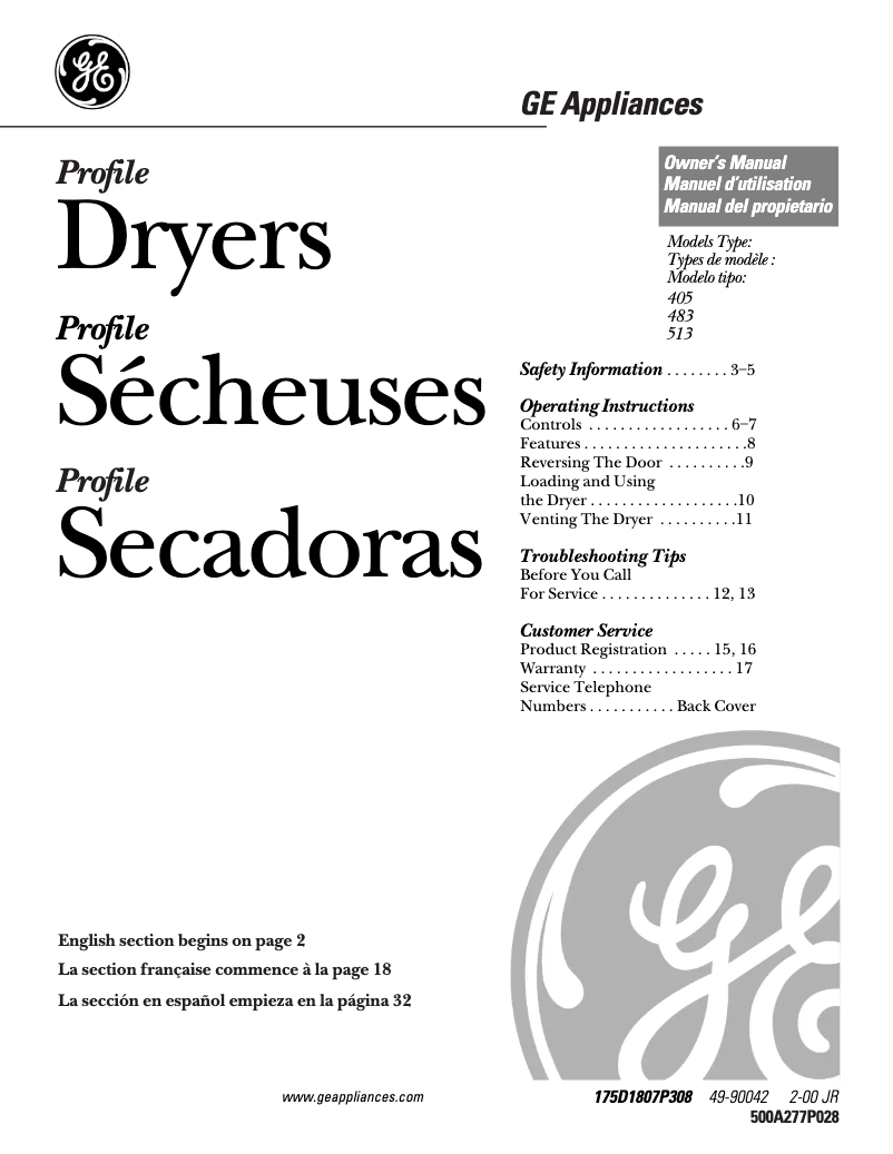 Page 1 of the manual Use and Maintenance Manual GE Profile Prodigy DPSR405EAAA