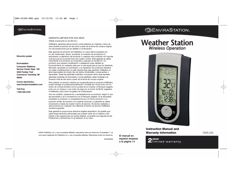 Page 1 de la notice Manuel utilisateur EnviraStation DWS-220