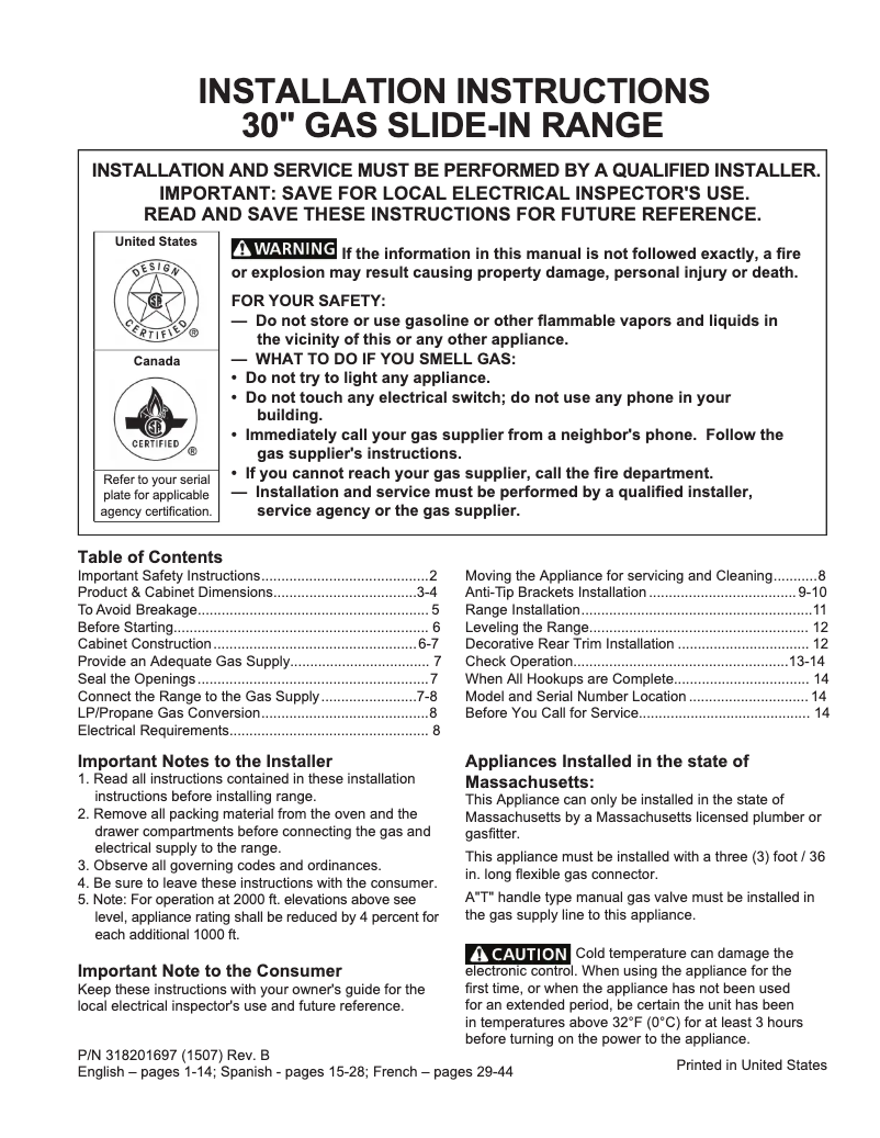 Page 1 de la notice Guide d'installation Frigidaire FFGS3026TW