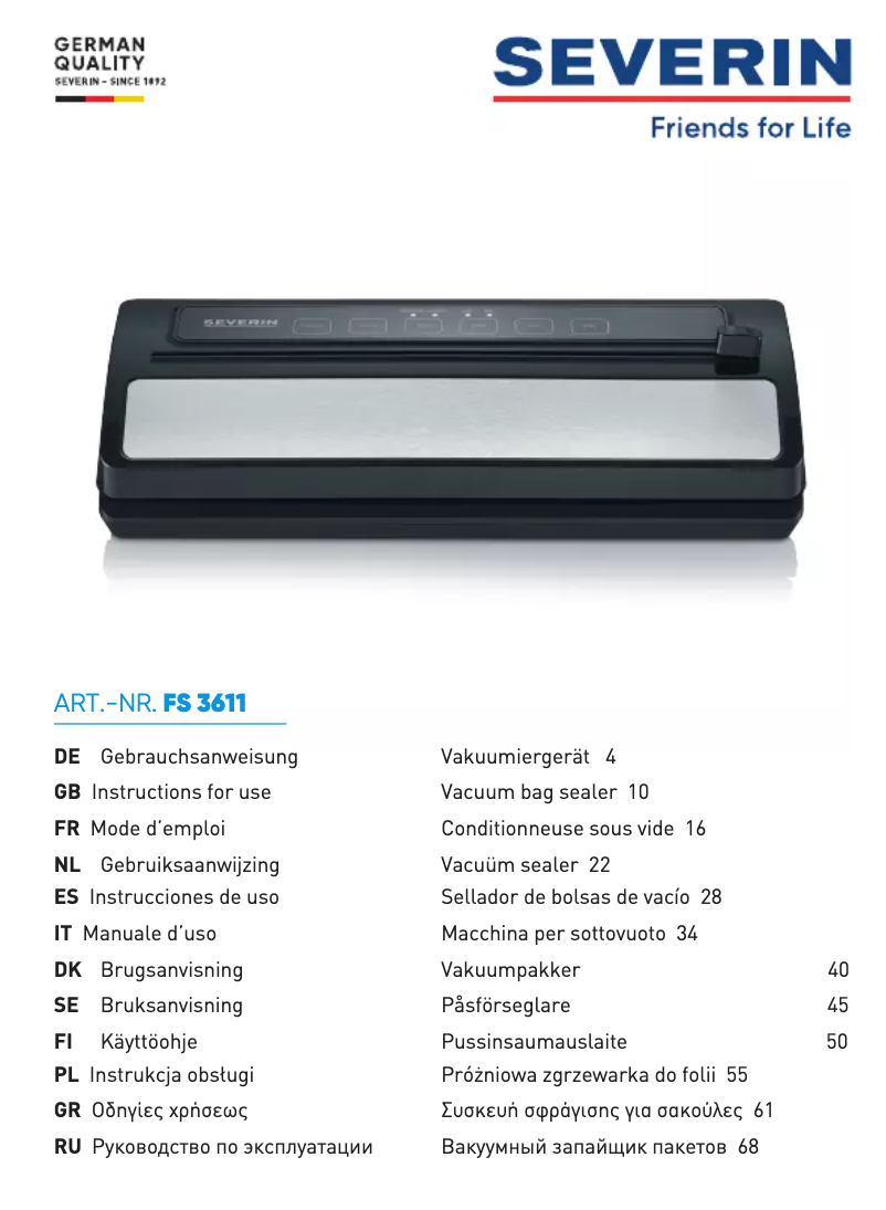 Page 1 de la notice Manuel utilisateur Severin FS 3611
