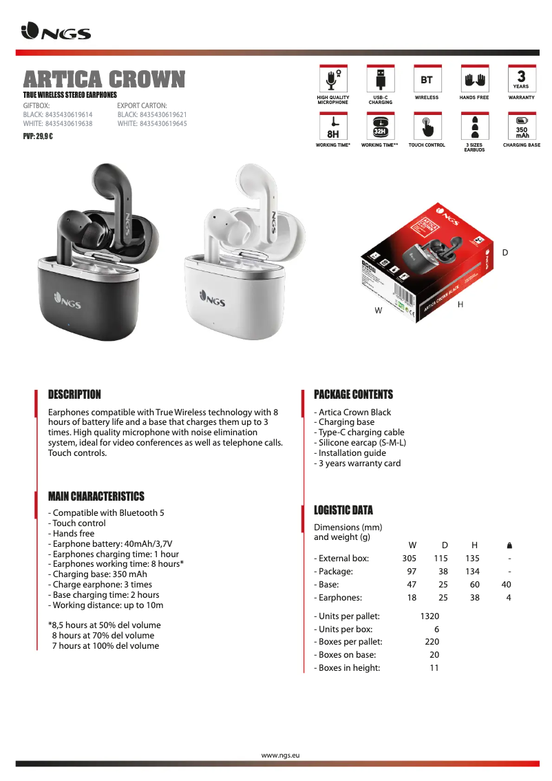 Page 1 de la notice Fiche technique NGS Artica Crown