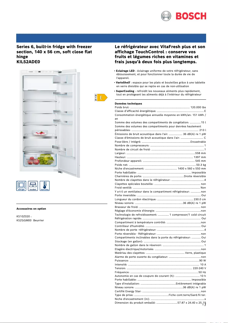 Page 1 of the manual Technical Sheet Bosch KIL52ADE0