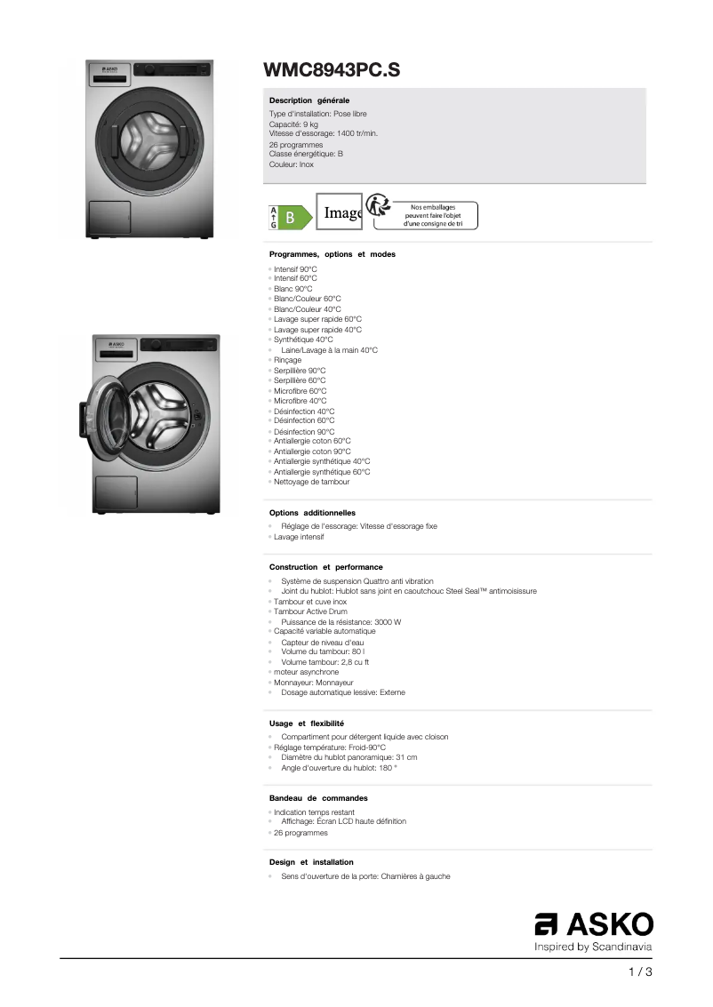 Page 1 de la notice Fiche technique Asko WMC8943PC.S