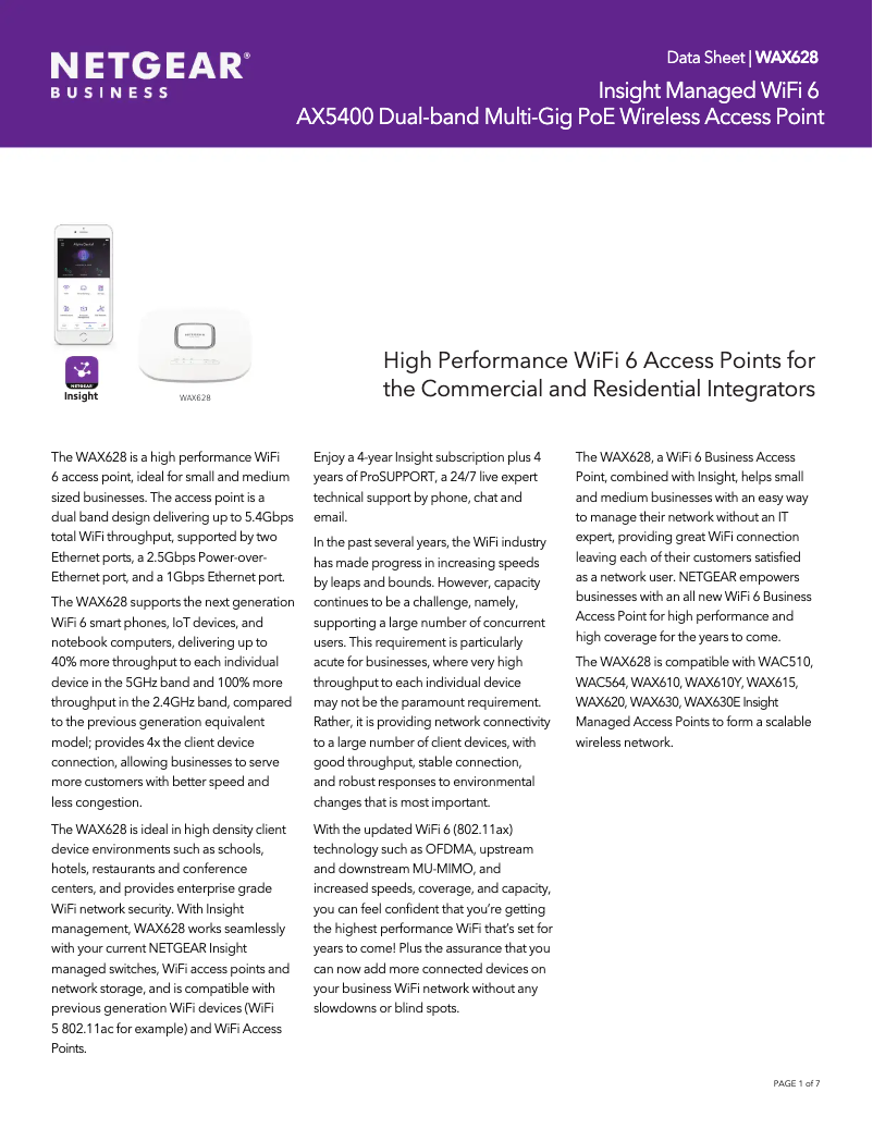 Page 1 of the manual Technical Sheet Netgear WAX628