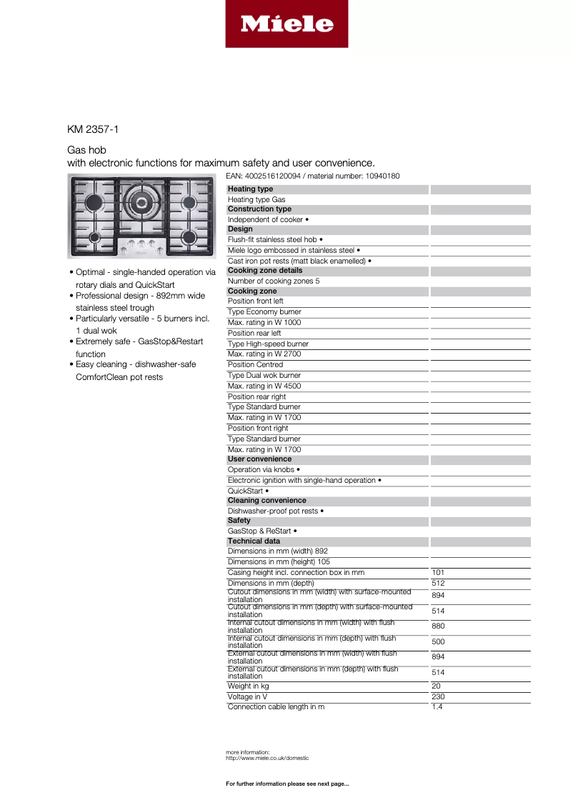 Page 1 de la notice Fiche technique Miele KM 2357-1