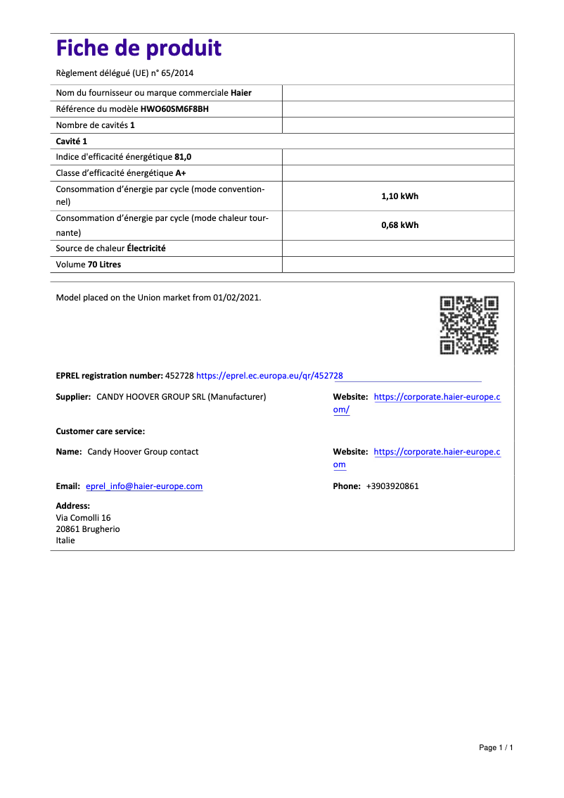 Page 1 of the manual Technical Sheet Haier HWO60SM6F8BH
