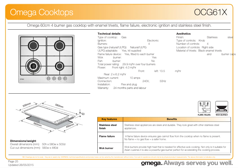 Page 1 de la notice Fiche technique Omega OCG61X