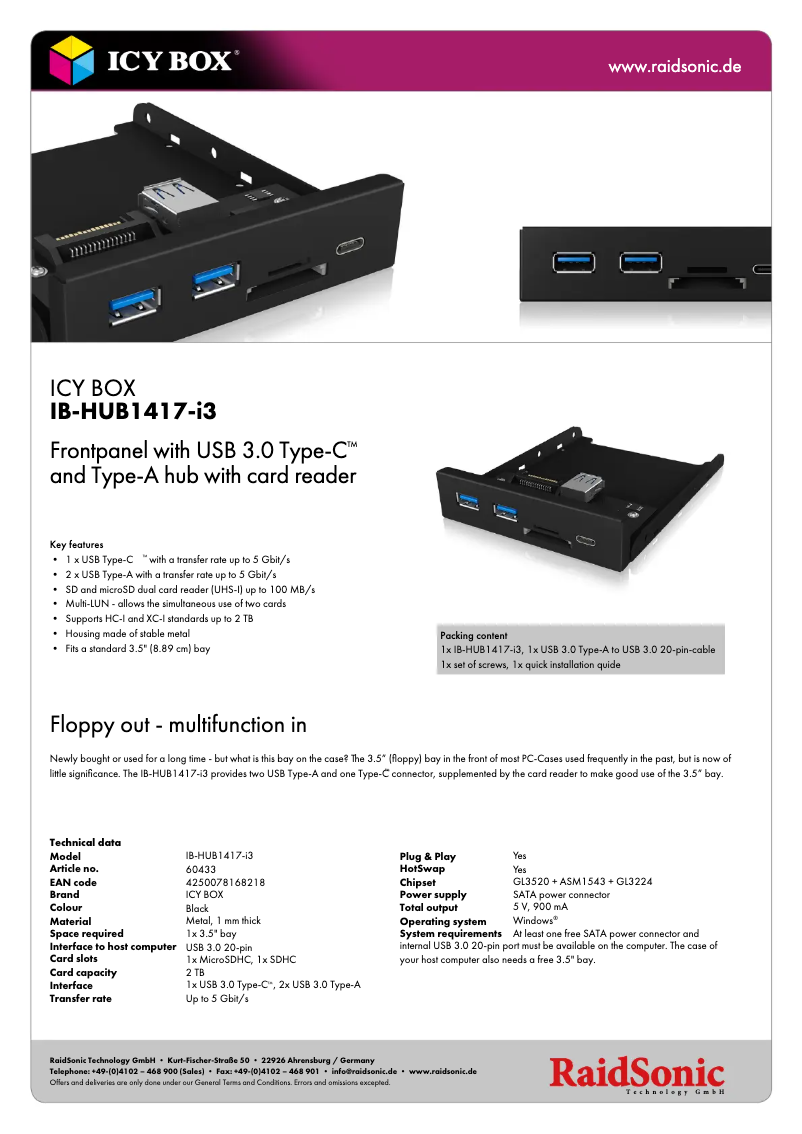 Page 1 de la notice Fiche technique Icy Box IB-HUB1417-i3