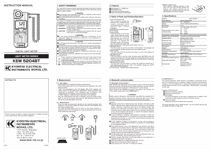 Page 1 de la notice Manuel utilisateur Kyoritsu KEW 5204BT