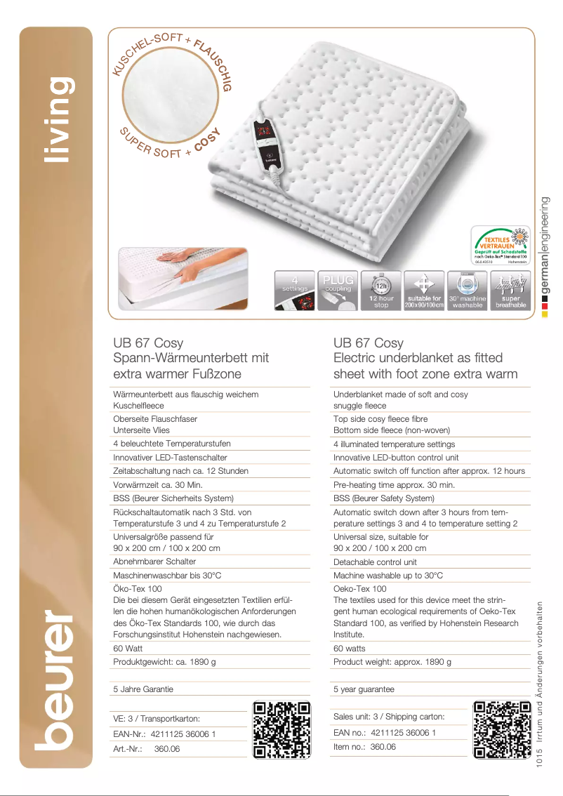 Page 1 de la notice Fiche technique Beurer UB 67 Cosy