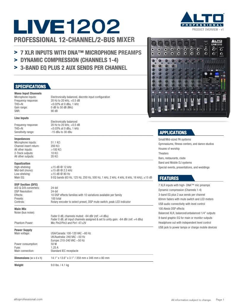 Page 1 de la notice Fiche technique Alto Live 1202