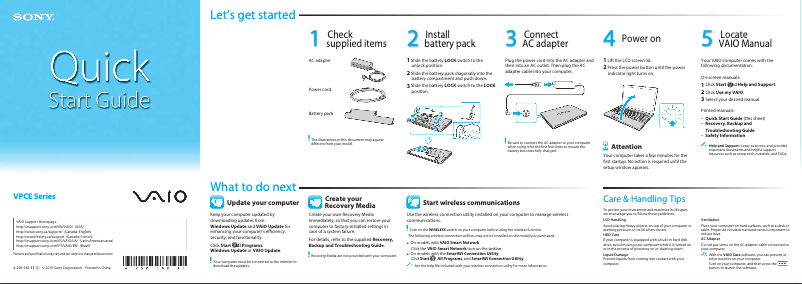 Page 1 de la notice Guide d'installation Sony Vaio VPCEB33FD
