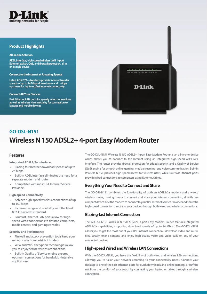 Página 1 del manual Ficha técnica D-Link GO-DSL-N151
