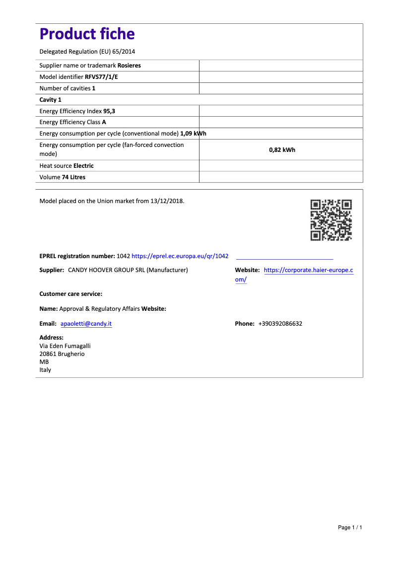 Page 1 de la notice Fiche technique Rosieres RFVS 77