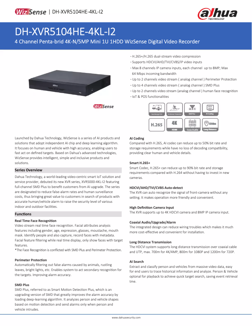 Page 1 de la notice Fiche technique Dahua Technology XVR5104HE-4KL-I2