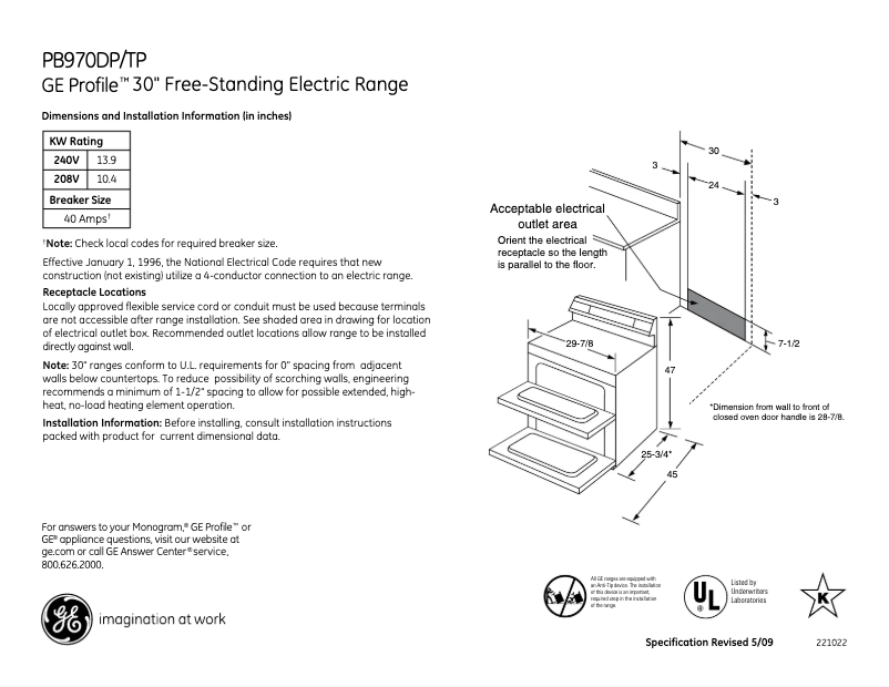 Page 1 of the manual Technical Sheet GE Profile PB970DPBB