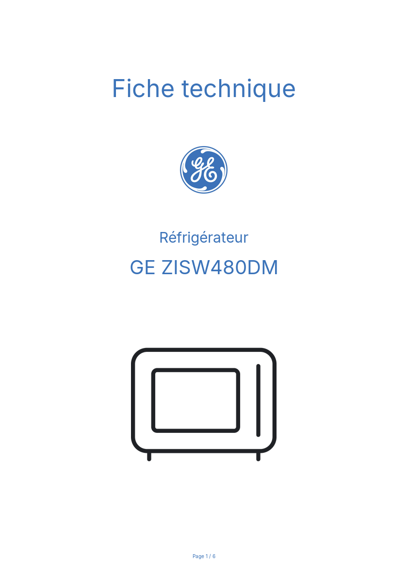 Page 1 de la notice Fiche technique GE ZISW480DM