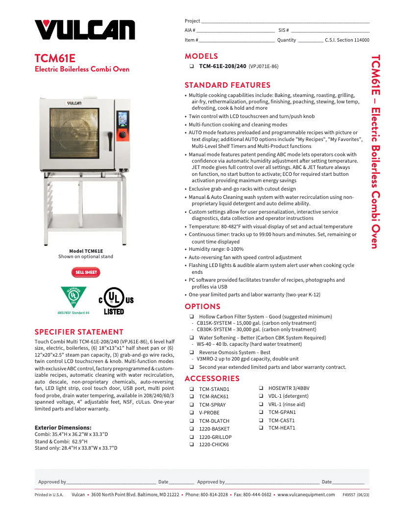 Page 1 de la notice Fiche technique Vulcan TCM-61E