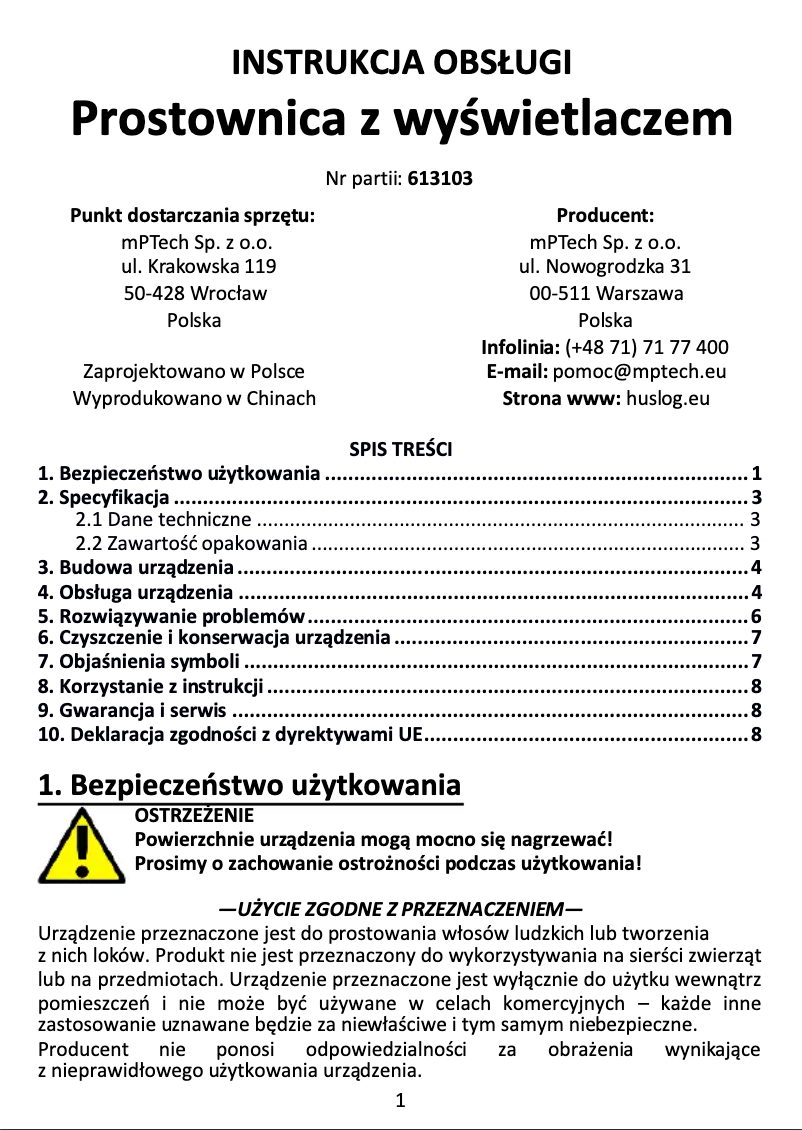 Page 1 de la notice Manuel utilisateur Huslog BE-500334