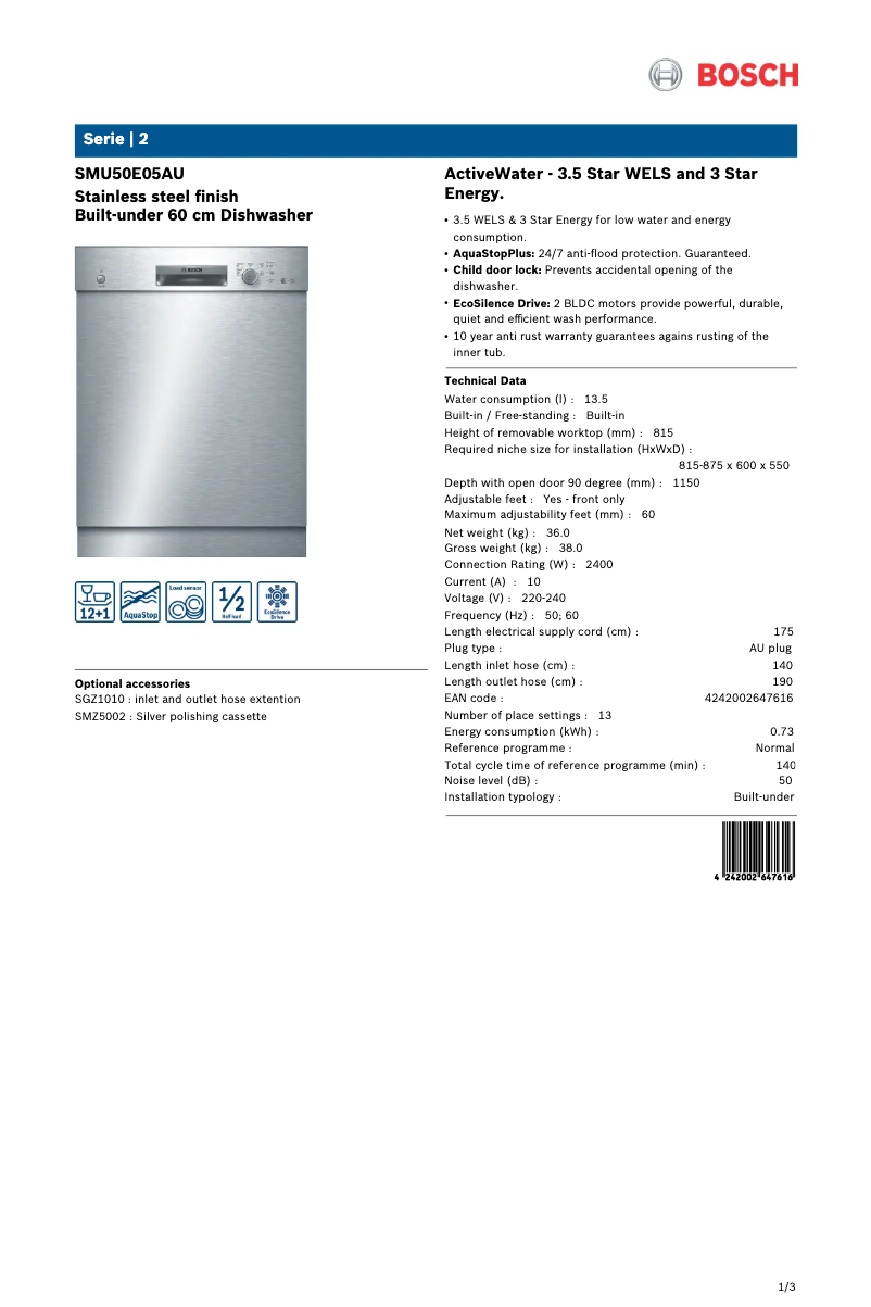 Page 1 de la notice Fiche technique Bosch SMU50E05AU