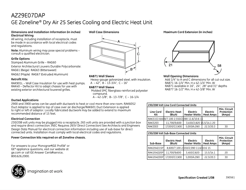 Página 1 del manual Ficha técnica GE AZ29E07DAP