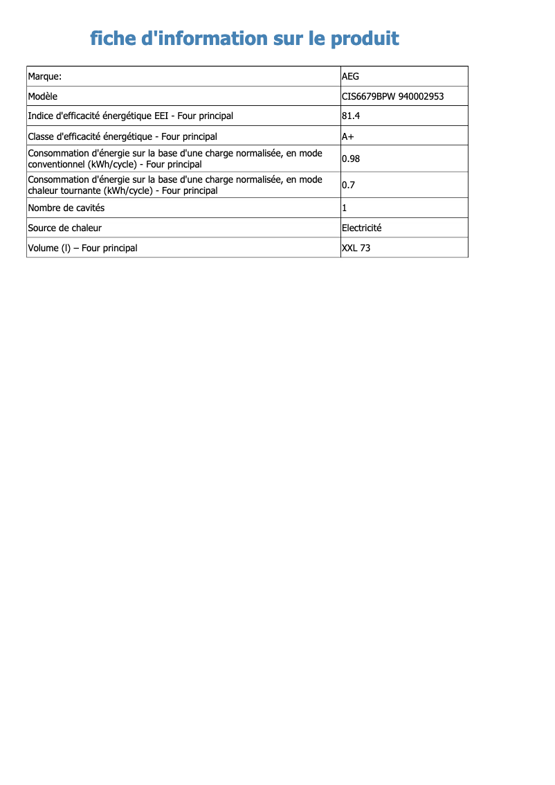 Page 1 de la notice Fiche technique AEG CIS6679BPW