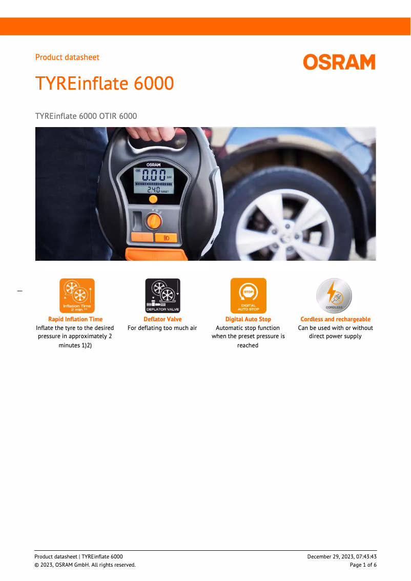 Page 1 de la notice Fiche technique Osram TYREinflate 6000