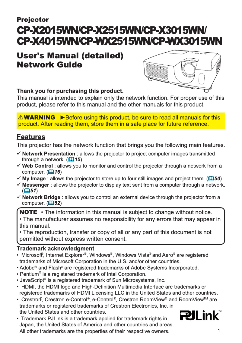 Page 1 de la notice Manuel utilisateur Hitachi CP-X2515WN