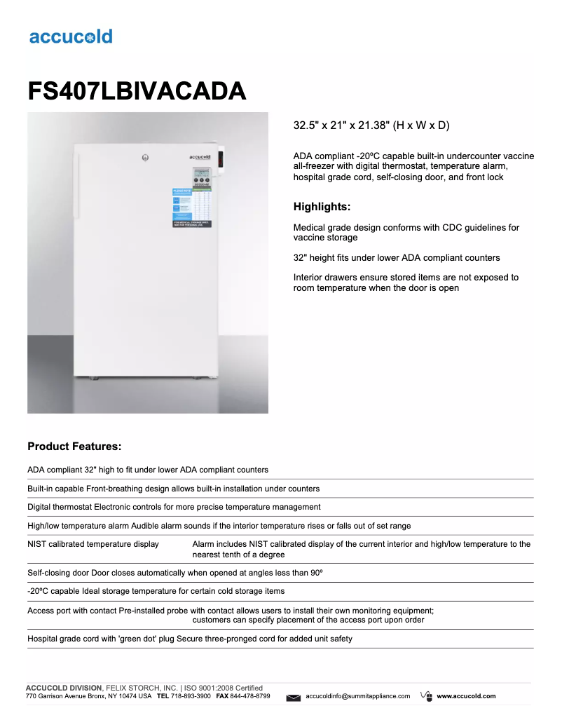 Page 1 de la notice Fiche technique Summit Accucold FS407LBIVACADA