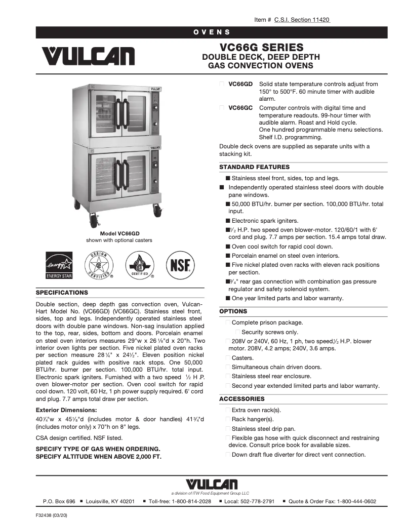 Page 1 de la notice Fiche technique Vulcan VC66GD