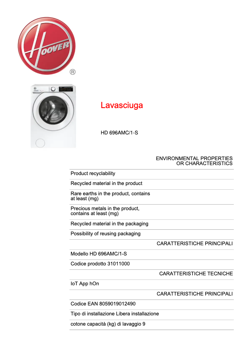 Página 1 del manual Ficha técnica Hoover HWPS41064DAMR-11