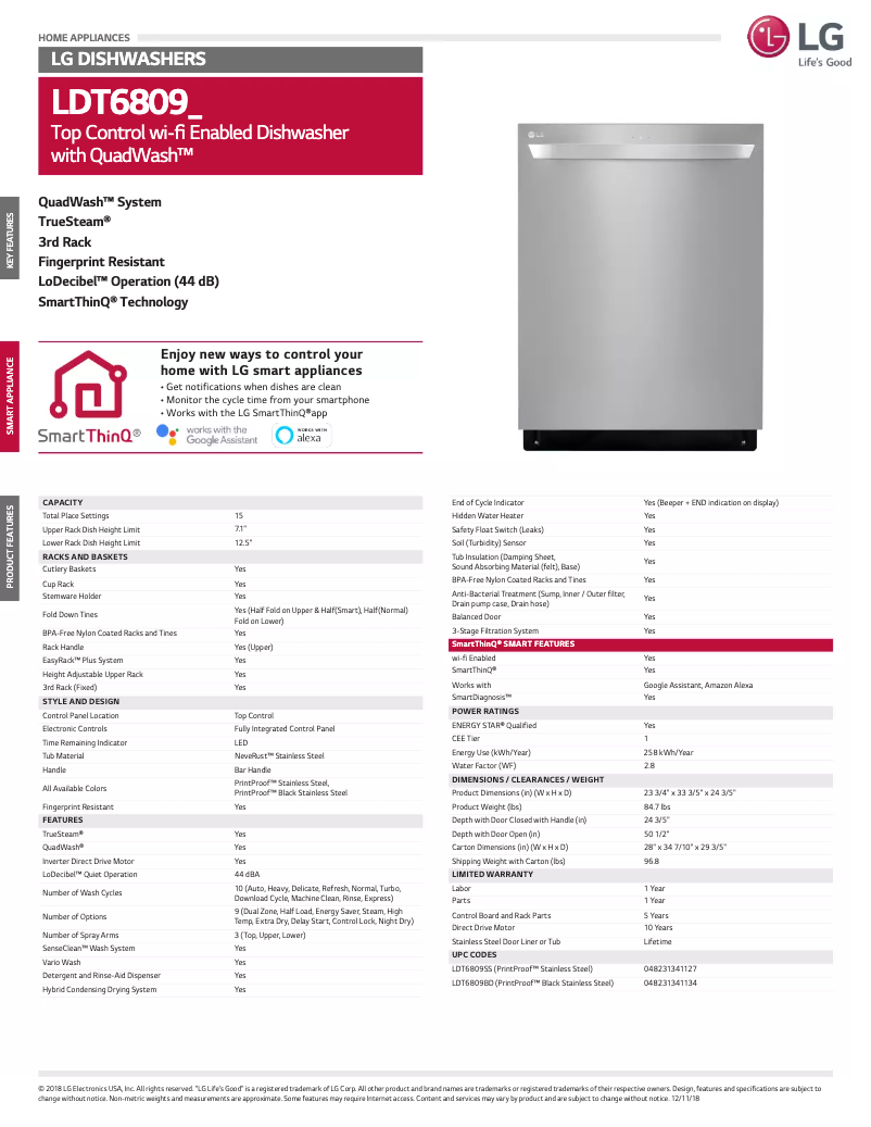 Page 1 of the manual Technical Sheet LG LDT6809BD