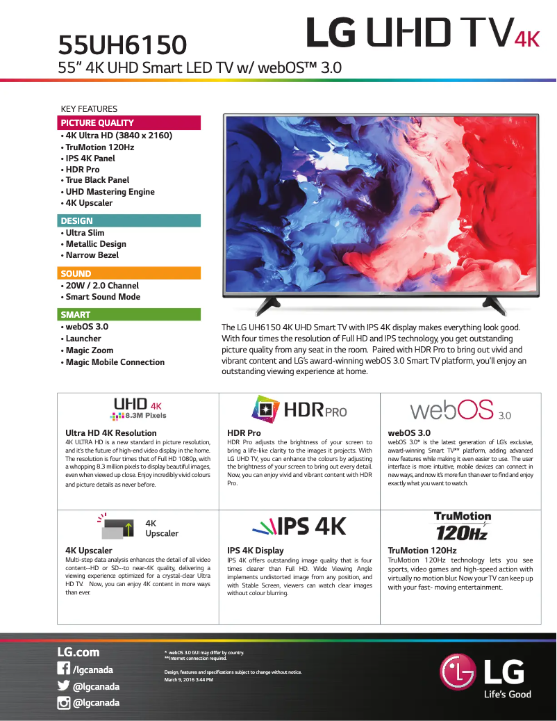 Page 1 de la notice Fiche technique LG 55UH6150