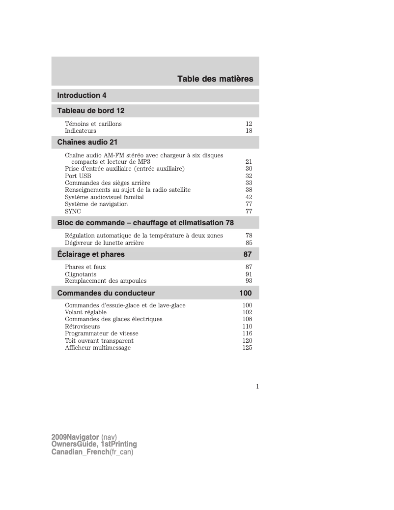 Page 1 de la notice Manuel utilisateur Lincoln Navigator (2009)