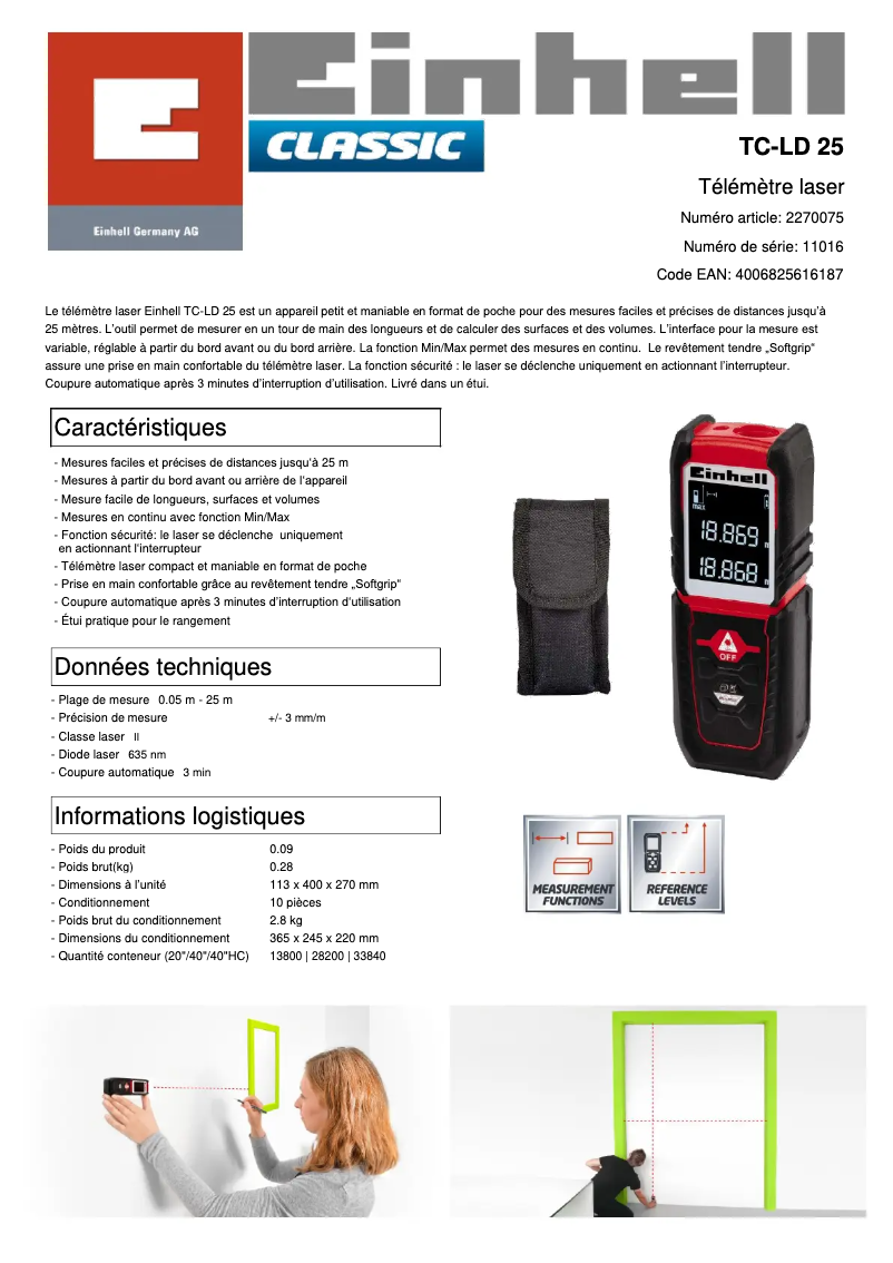 Page 1 de la notice Fiche technique Einhell TC-LD 25