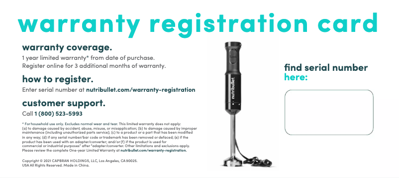 Page 1 de la notice Informations de garantie NutriBullet Immersion Blender